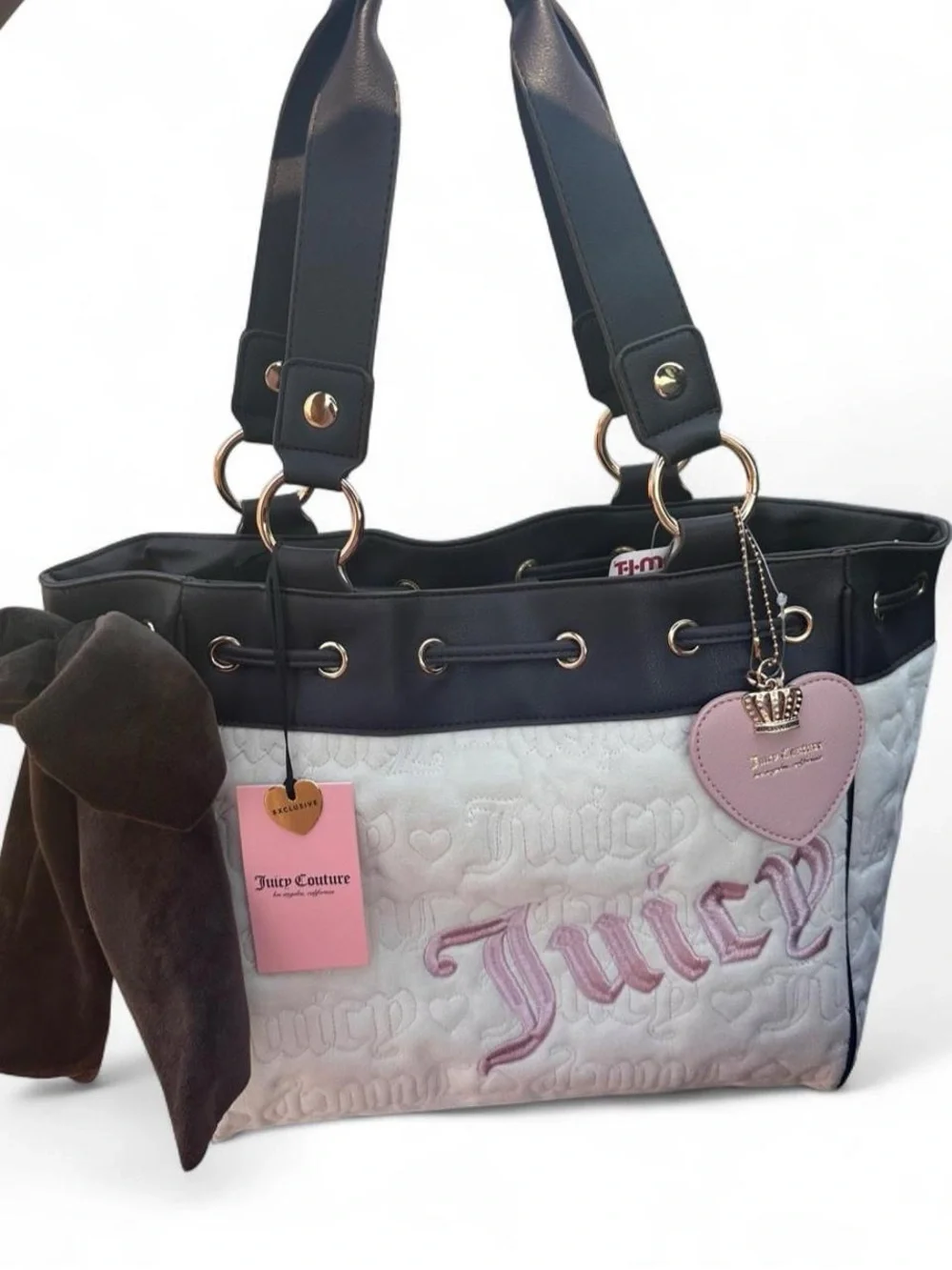 Juicy Couture “Vintage Couture” Daydreamer Tote, white/brown/pink letters